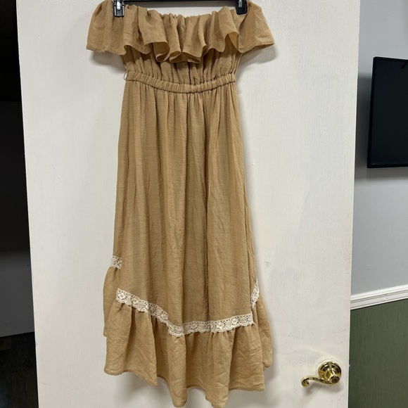 Tan Off-Shoulder Ruffle Dress - Picture 2 of 3